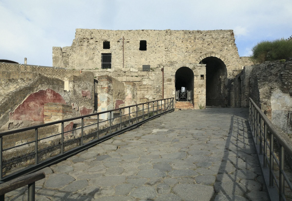 The Porta Marina entrance of Pompeii where tickets are checked on a private tour of the excavations