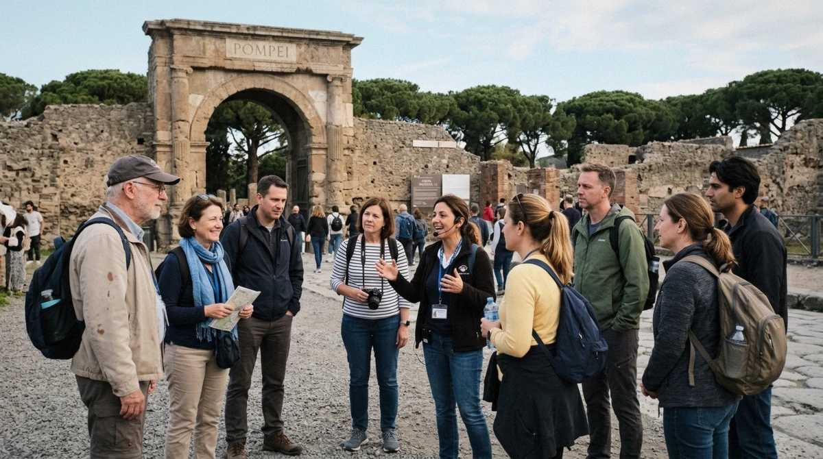 A group of eight travellers with their guide entering the Pompeii excavations on a priority-entry private tour