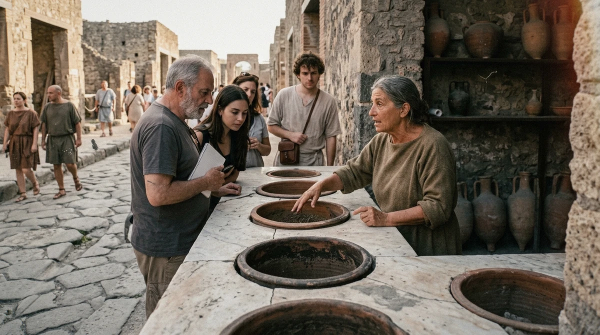 Guide explaining the counter pots of a Roman thermopolium to a private group on an all-inclusive Pompeii tour
